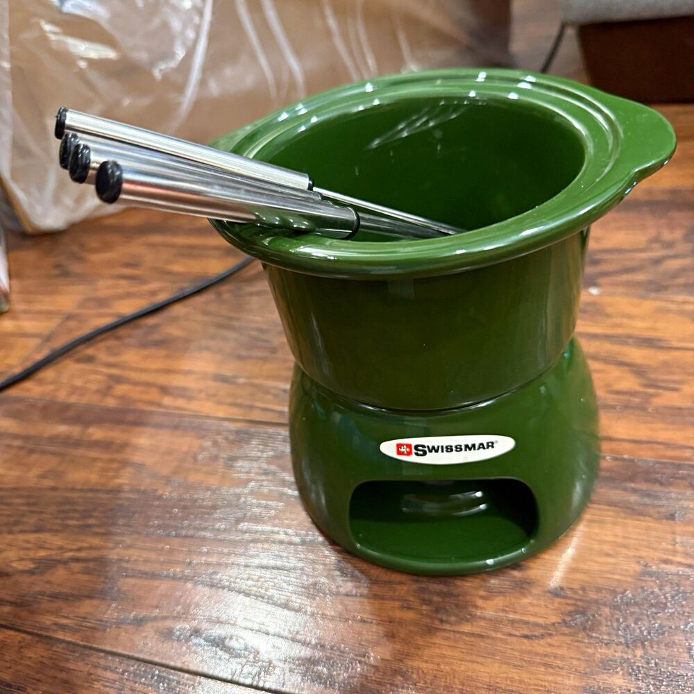 Swissmar Lily Chocolate Fondue Set Green Ceramic Pot Base 4 Forks Tea Light, D6